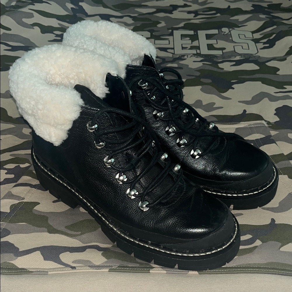Marc Fisher Black Lace-Up Ankle Boots with White Faux Shearling *Like New